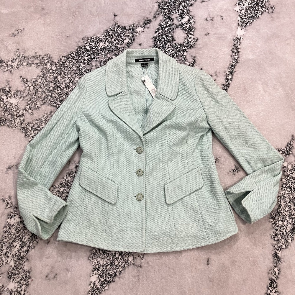 NWT Ellen Tracy Mint Green Textured Blazer Jacket 3 Button Career Size 8